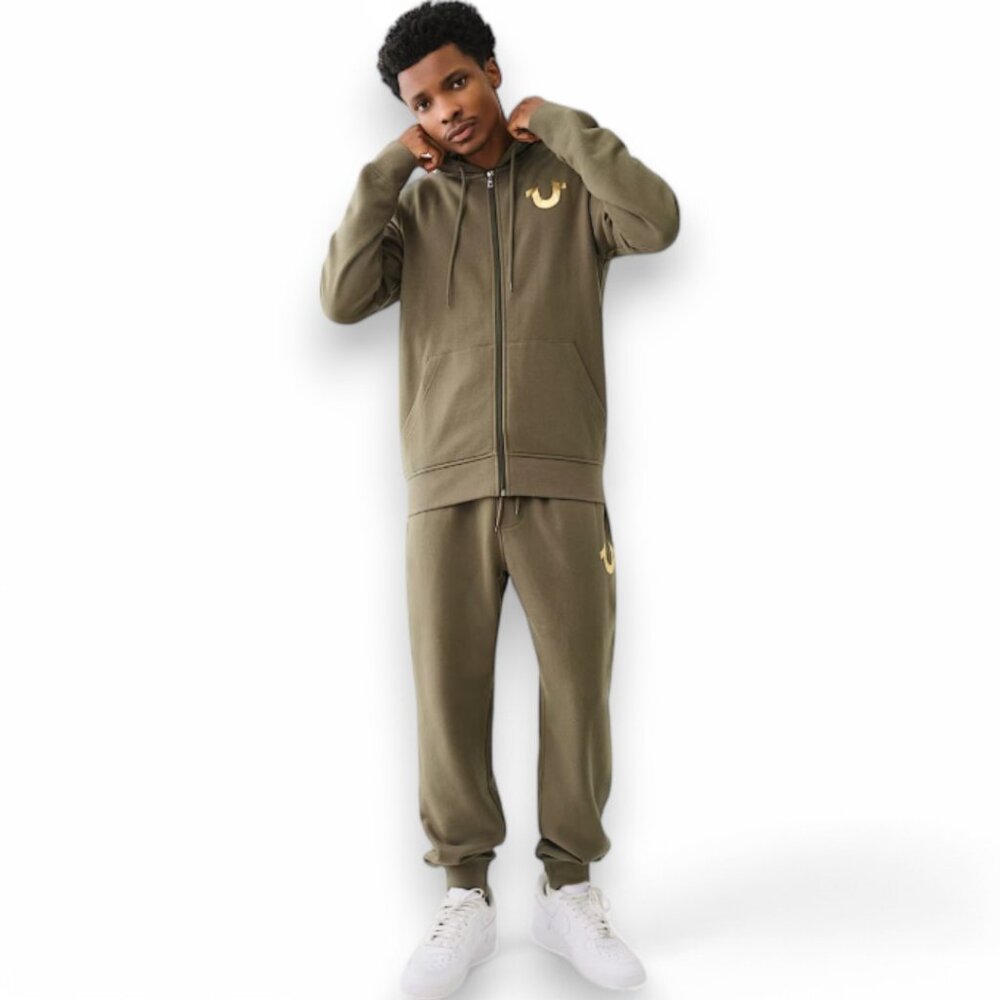 True Religion Men's 2 PC Sweatsuit Fleece Tracksuit Matching Outfit Olive Green